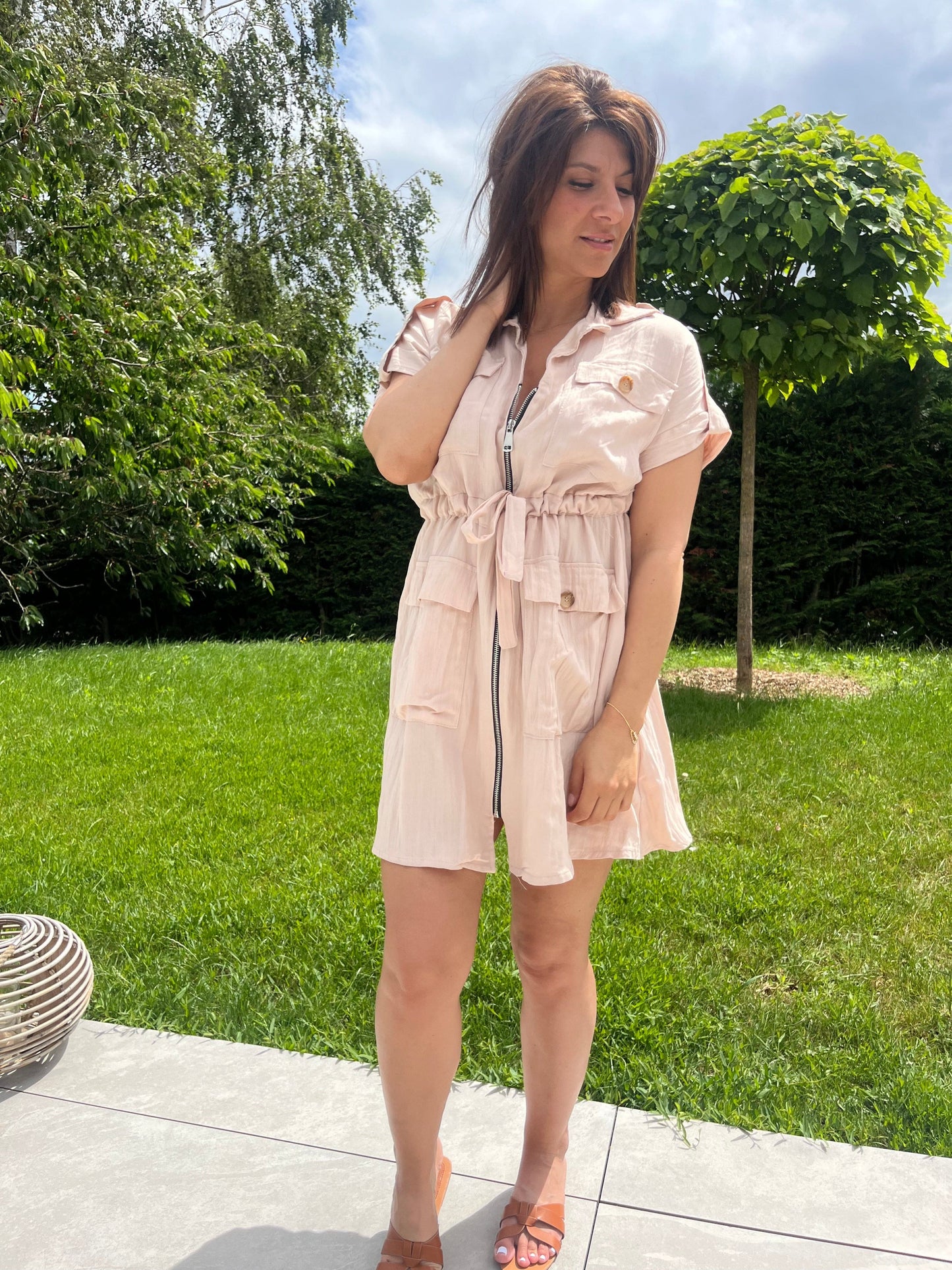 Robe saharienne à zip manches courtes beige / camel